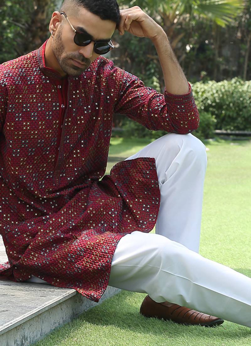 Cotton rayon embroidered sequinned maroon kurta with elasticated pyjamas
