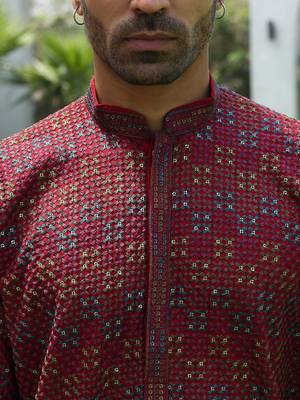 Cotton rayon embroidered sequinned maroon kurta with elasticated pyjamas 3