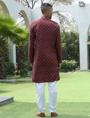 Cotton rayon embroidered sequinned maroon kurta with elasticated pyjamas 4