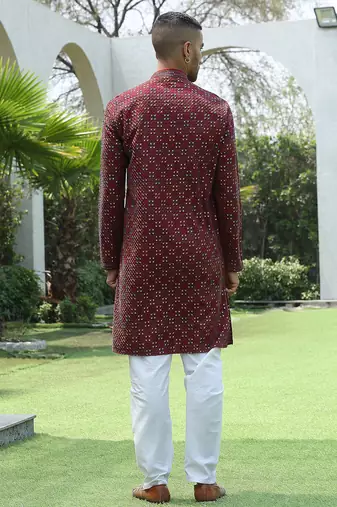 Cotton rayon embroidered sequinned maroon kurta with elasticated pyjamas