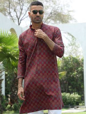 Cotton rayon embroidered sequinned maroon kurta with elasticated pyjamas 5