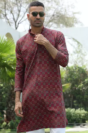 Cotton rayon embroidered sequinned maroon kurta with elasticated pyjamas