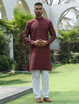 Cotton rayon embroidered sequinned maroon kurta with elasticated pyjamas 6