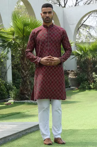 Cotton rayon embroidered sequinned maroon kurta with elasticated pyjamas