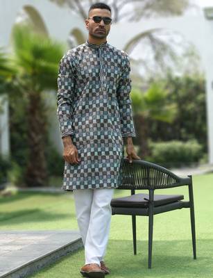 Cotton rayon embroidered chikankari sequinned blue kurta with elasticated pyjamas 1