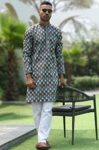 Cotton rayon embroidered chikankari sequinned blue kurta with elasticated pyjamas