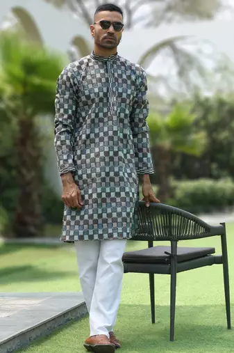 Cotton rayon embroidered chikankari sequinned blue kurta with elasticated pyjamas