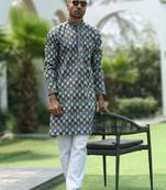 Cotton rayon embroidered chikankari sequinned blue kurta with elasticated pyjamas