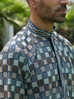 Cotton rayon embroidered chikankari sequinned blue kurta with elasticated pyjamas 3