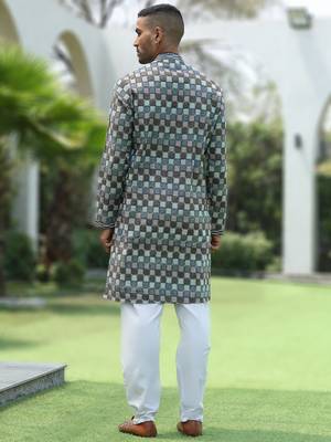 Cotton rayon embroidered chikankari sequinned blue kurta with elasticated pyjamas 4