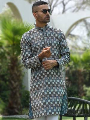 Cotton rayon embroidered chikankari sequinned blue kurta with elasticated pyjamas 5