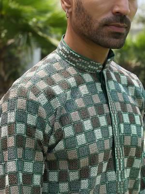 Cotton rayon embroidered chikankari sequinned green kurta with elasticated pyjamas 2