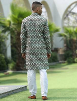 Cotton rayon embroidered chikankari sequinned green kurta with elasticated pyjamas 3