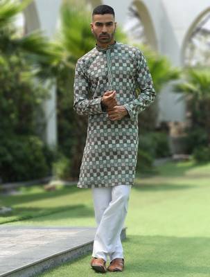 Cotton rayon embroidered chikankari sequinned green kurta with elasticated pyjamas 5