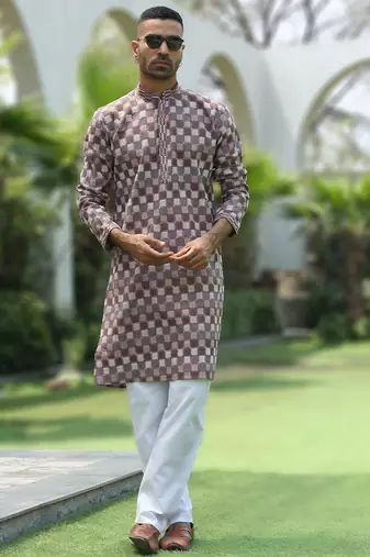 Cotton rayon embroidered chikankari sequinned mauve kurta with elasticated pyjamas