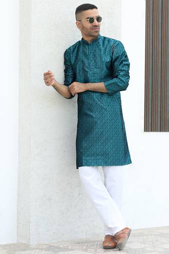 Silk blend jacquard self design blue kurta with elasticated pyjamas