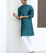 Silk blend jacquard self design blue kurta with elasticated pyjamas