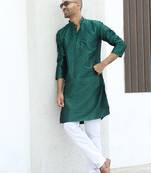 Silk blend jacquard self design green kurta with elasticated pyjamas