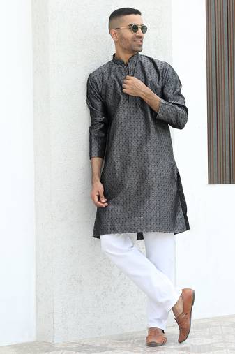 Silk blend jacquard self design grey kurta with elasticated pyjamas