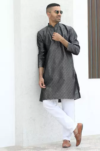 Silk blend jacquard self design grey kurta with elasticated pyjamas