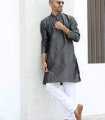 Silk blend jacquard self design grey kurta with elasticated pyjamas