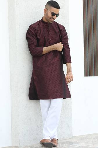 Silk blend jacquard self design wine kurta with elasticated pyjamas