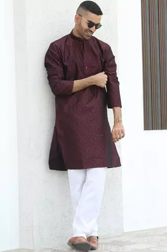 Silk blend jacquard self design wine kurta with elasticated pyjamas