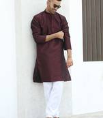 Silk blend jacquard self design wine kurta with elasticated pyjamas