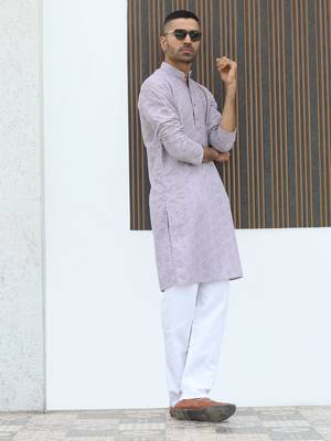 Cotton blend chikankari embroidered mauve kurta with elasticated pyjamas 1