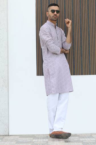Cotton blend chikankari embroidered mauve kurta with elasticated pyjamas