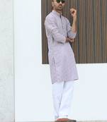 Cotton blend chikankari embroidered mauve kurta with elasticated pyjamas