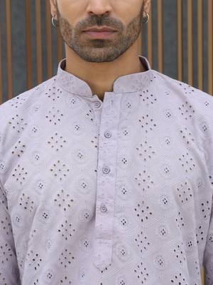 Cotton blend chikankari embroidered mauve kurta with elasticated pyjamas 2