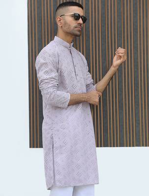 Cotton blend chikankari embroidered mauve kurta with elasticated pyjamas 4