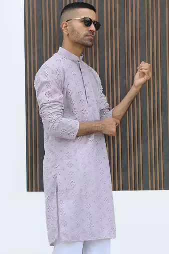 Cotton blend chikankari embroidered mauve kurta with elasticated pyjamas