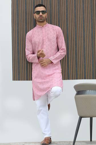 Cotton blend chikankari embroidered pink kurta with elasticated pyjamas