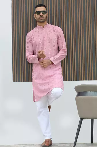 Cotton blend chikankari embroidered pink kurta with elasticated pyjamas