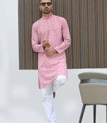 Cotton blend chikankari embroidered pink kurta with elasticated pyjamas
