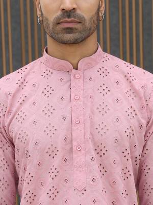 Cotton blend chikankari embroidered pink kurta with elasticated pyjamas 3