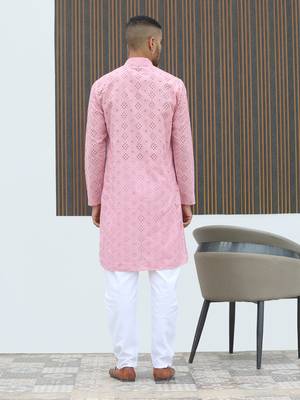Cotton blend chikankari embroidered pink kurta with elasticated pyjamas 4