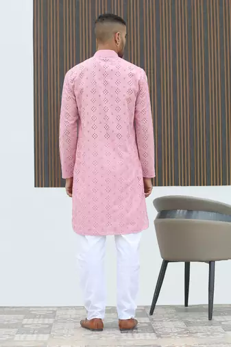 Cotton blend chikankari embroidered pink kurta with elasticated pyjamas
