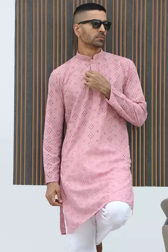 Cotton blend chikankari embroidered pink kurta with elasticated pyjamas