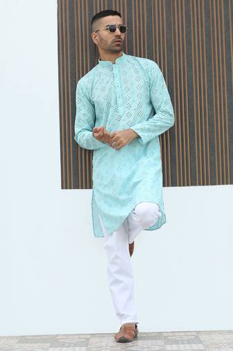 Cotton blend chikankari embroidered sky blue kurta with elasticated pyjamas