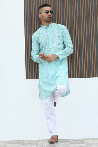 Cotton blend chikankari embroidered sky blue kurta with elasticated pyjamas