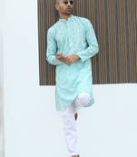 Cotton blend chikankari embroidered sky blue kurta with elasticated pyjamas