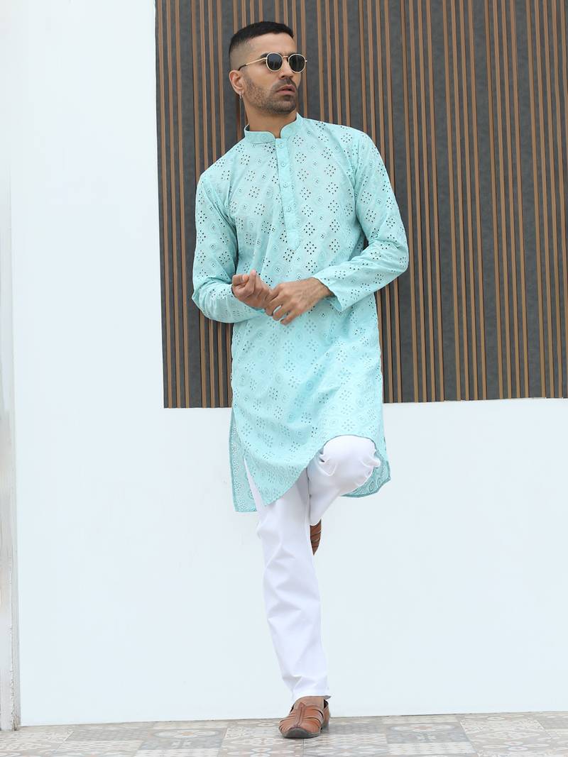 Cotton blend chikankari embroidered sky blue kurta with elasticated pyjamas