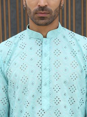 Cotton blend chikankari embroidered sky blue kurta with elasticated pyjamas 2