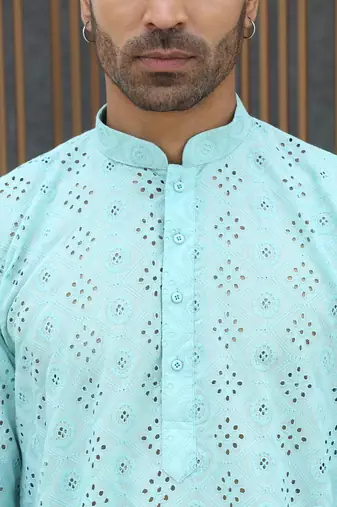 Cotton blend chikankari embroidered sky blue kurta with elasticated pyjamas