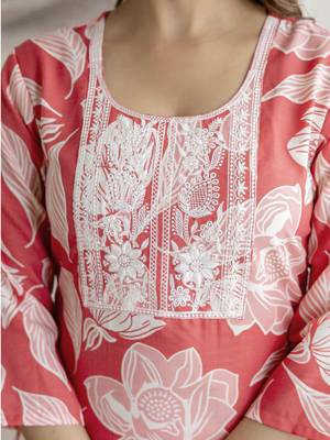 Trendmalls Cotton slub magic printed kurta pant embroidery neck work kurta set 5