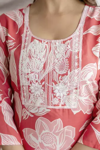 Trendmalls Cotton slub magic printed kurta pant embroidery neck work kurta set