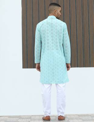 Cotton blend chikankari embroidered sky blue kurta with elasticated pyjamas 3